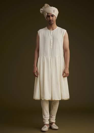 Fawn Silk Sherwani Set With Zardosi Detailing