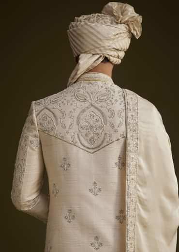 Fawn Silk Sherwani Set With Zardosi Detailing