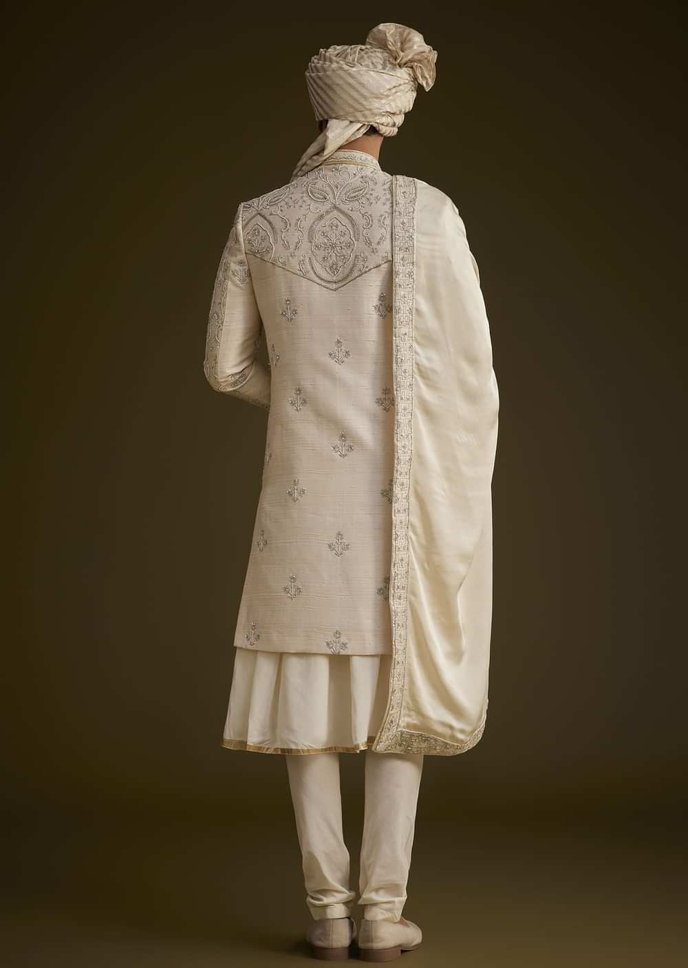 Fawn Silk Sherwani Set With Zardosi Detailing