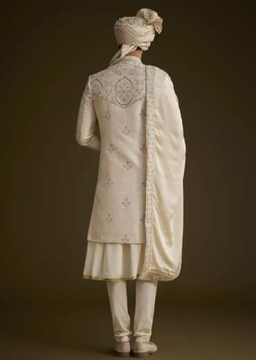 Fawn Silk Sherwani Set With Zardosi Detailing