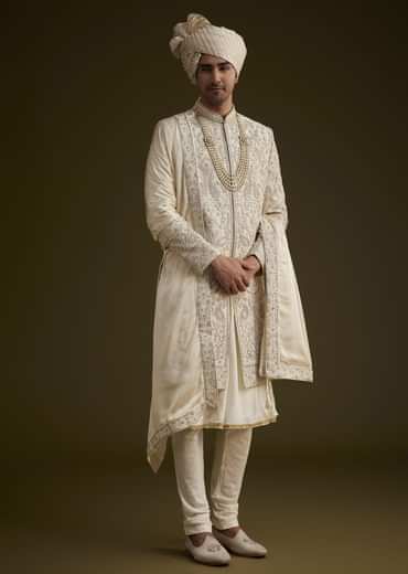 Fawn Silk Sherwani Set With Zardosi Detailing
