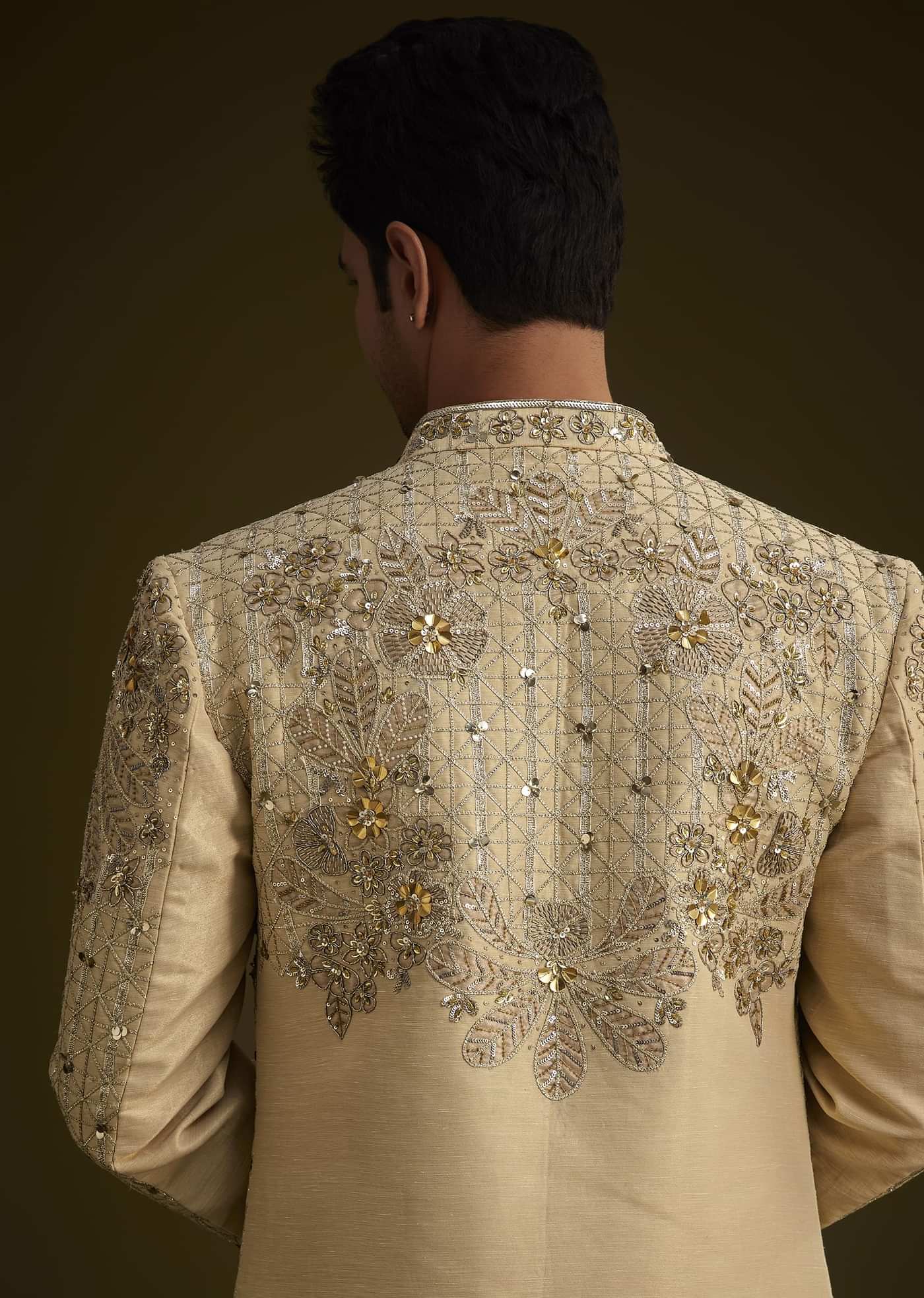 Light Gold Silk Open Sherwani Set With Zardosi Handwork