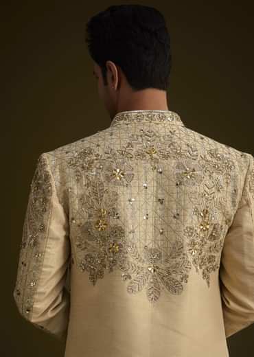 Light Gold Silk Open Sherwani Set With Zardosi Handwork