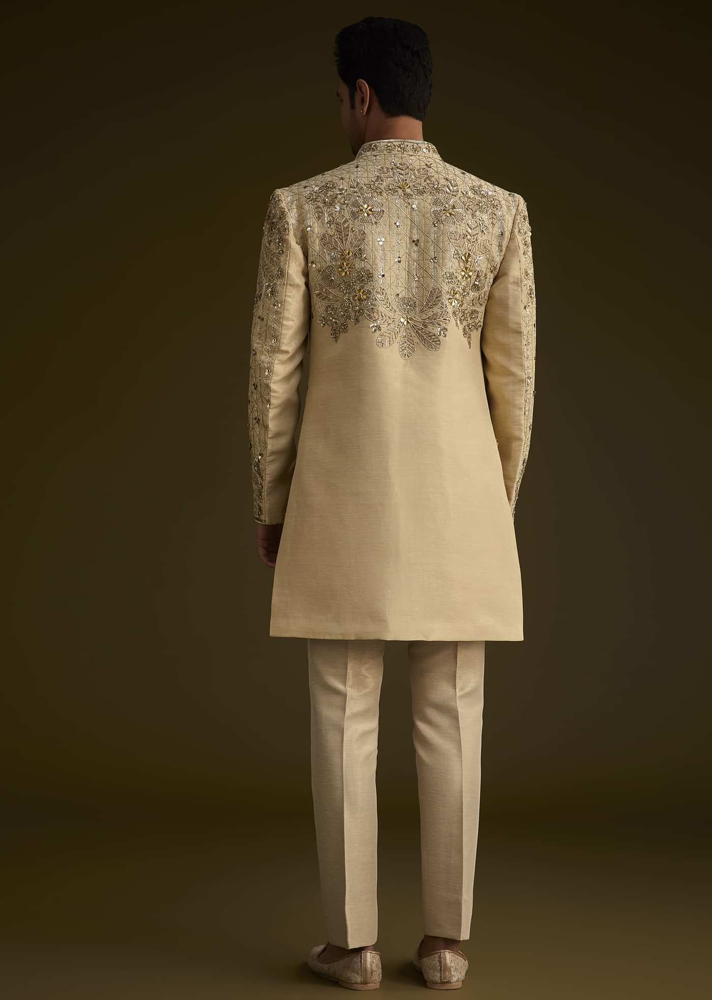 Light Gold Silk Open Sherwani Set With Zardosi Handwork