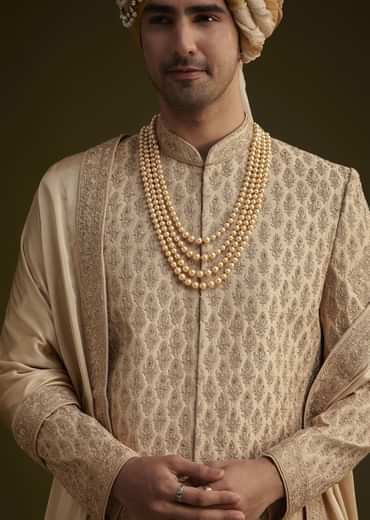 Beige Fawn Silk Sherwani Set With Embellished Dupatta Border