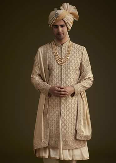 Beige Fawn Silk Sherwani Set With Embellished Dupatta Border