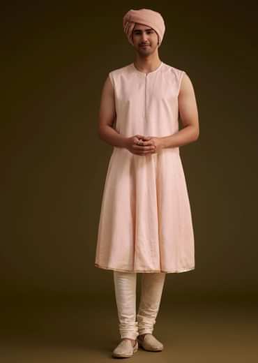 Baby Pink Silk Sherwani Set With Resham Embroidery