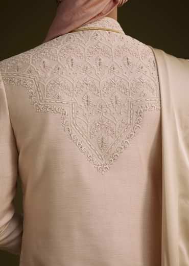 Baby Pink Silk Sherwani Set With Resham Embroidery