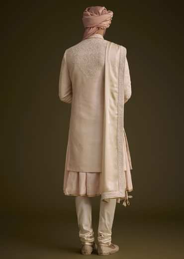 Baby Pink Silk Sherwani Set With Resham Embroidery