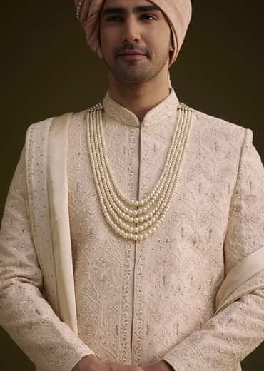 Baby Pink Silk Sherwani Set With Resham Embroidery
