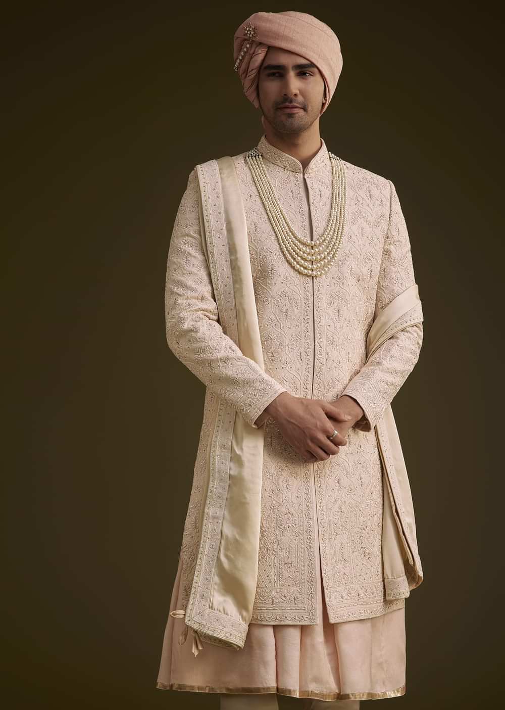Baby Pink Silk Sherwani Set With Resham Embroidery