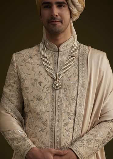 Fawn Silk Sherwani With Zardosi Embroidery