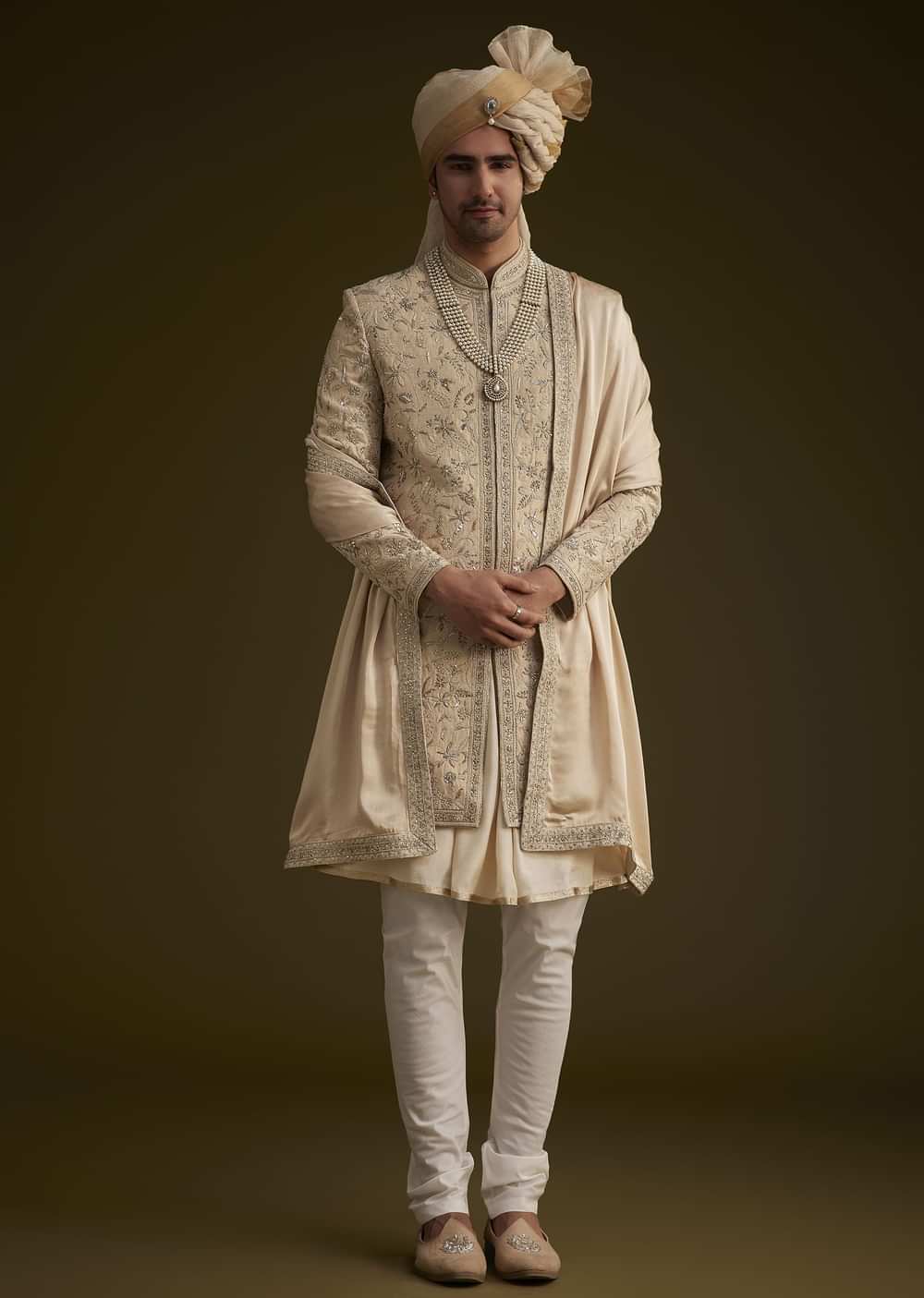 Fawn Silk Sherwani With Zardosi Embroidery