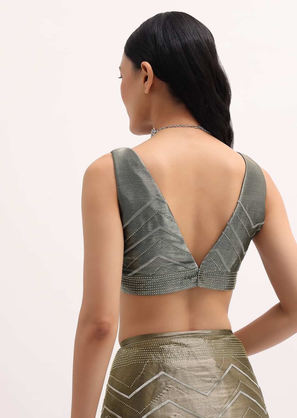 Stone Grey Glass Tissue Saree With Unstitched Blouse