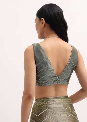 Stone Grey Glass Tissue Saree With Unstitched Blouse