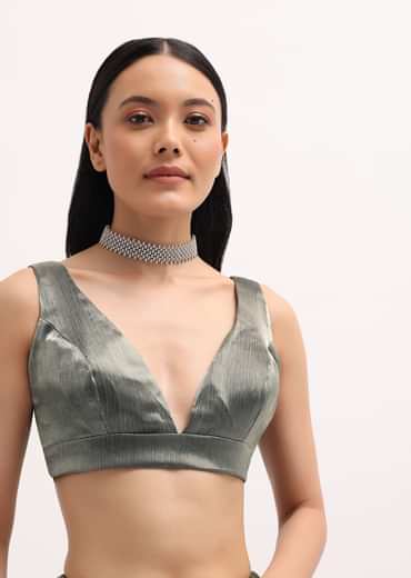 Stone Grey Glass Tissue Saree With Unstitched Blouse