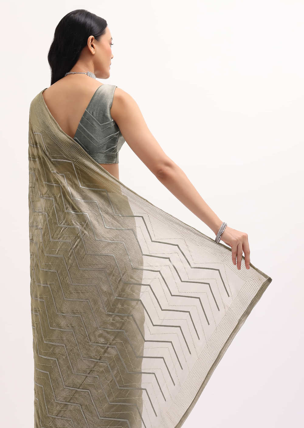 Stone Grey Glass Tissue Saree With Unstitched Blouse