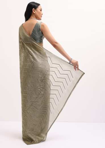 Stone Grey Glass Tissue Saree With Unstitched Blouse