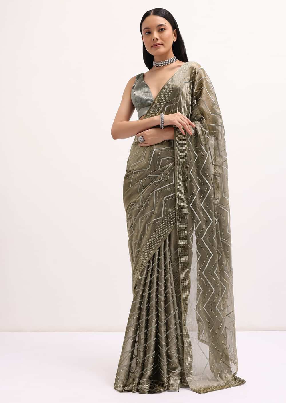 Stone Grey Glass Tissue Saree With Unstitched Blouse