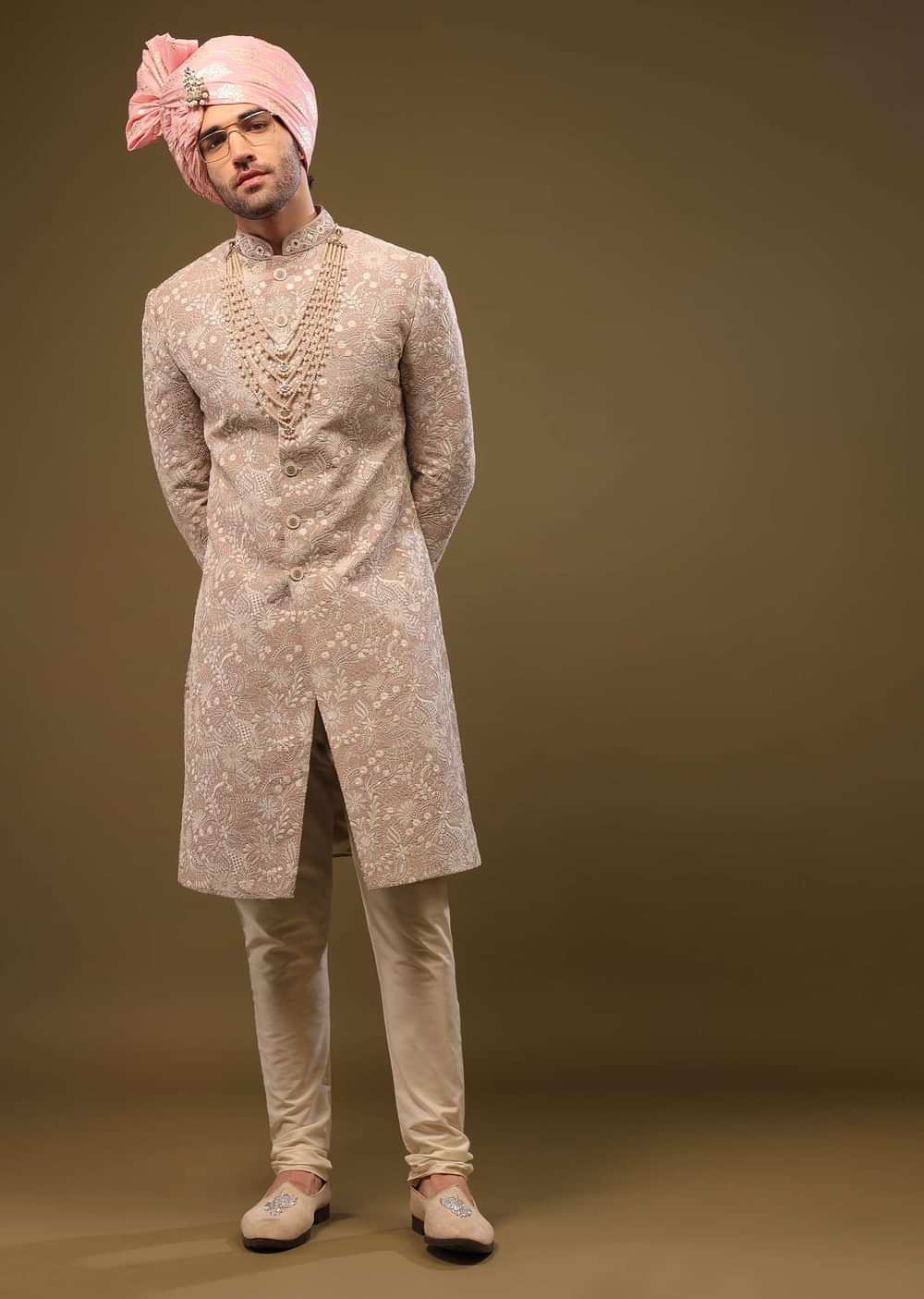 Tan Brown Silk Sherwani Set In Zari And Sequins Embroidery