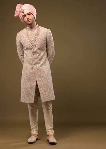 Tan Brown Silk Sherwani Set In Zari And Sequins Embroidery