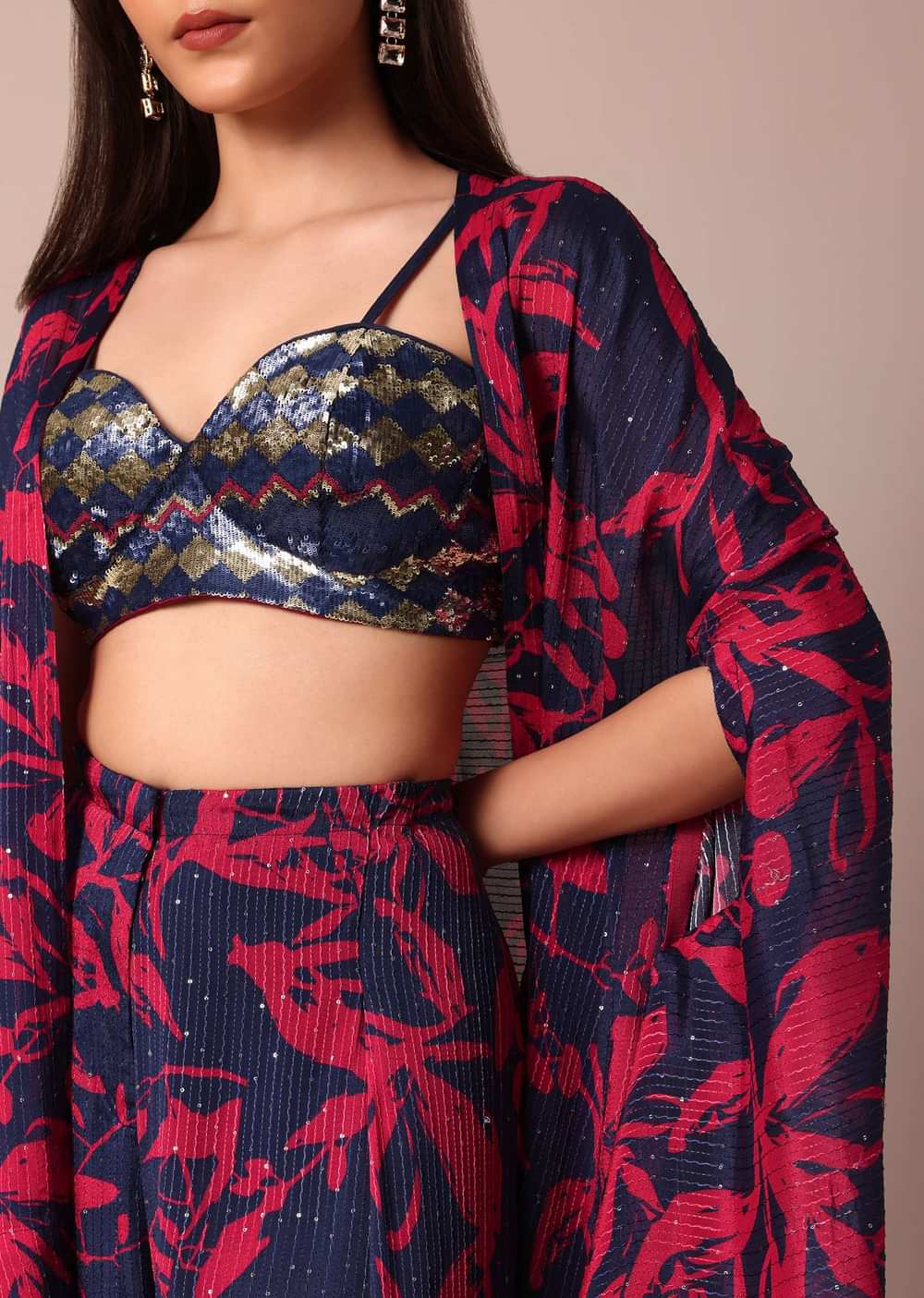 Stunning Crop Top With Printed Chiffon Jacket and Palazzo Set