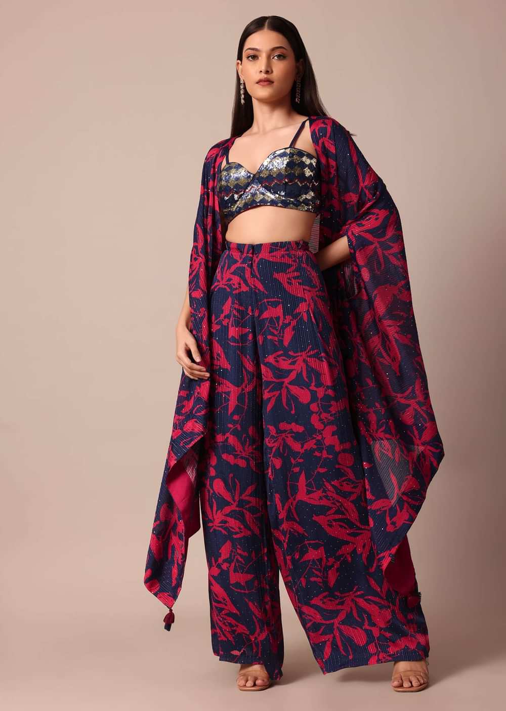 Stunning Crop Top With Printed Chiffon Jacket and Palazzo Set