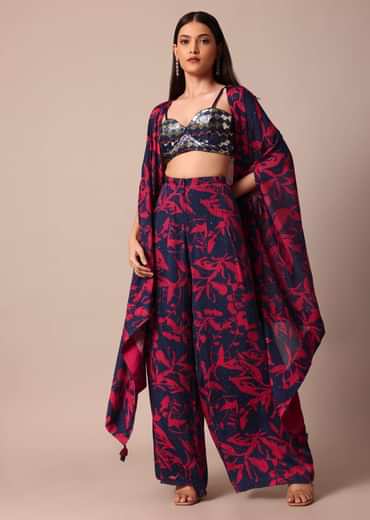 Stunning Crop Top With Printed Chiffon Jacket and Palazzo Set