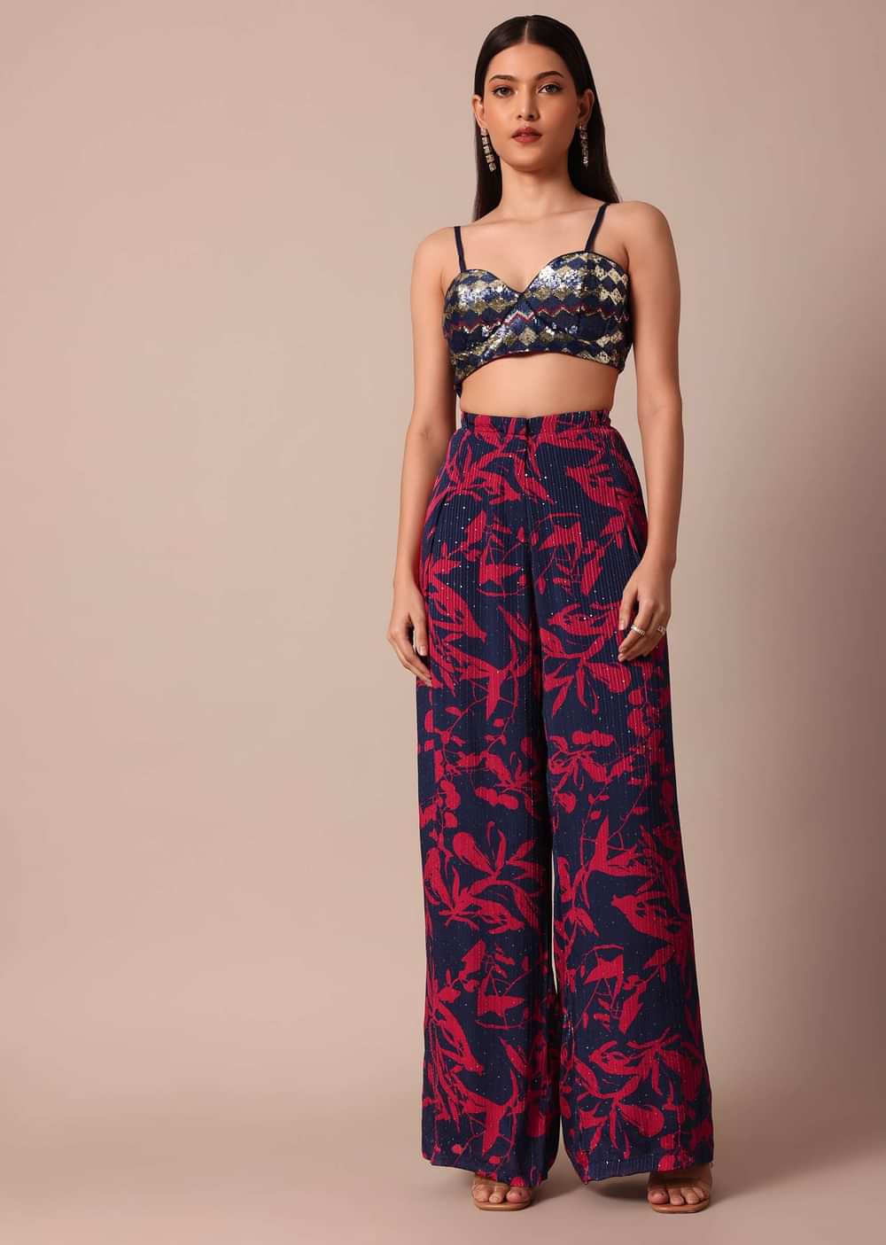 Stunning Crop Top With Printed Chiffon Jacket and Palazzo Set