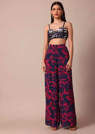 Stunning Crop Top With Printed Chiffon Jacket and Palazzo Set