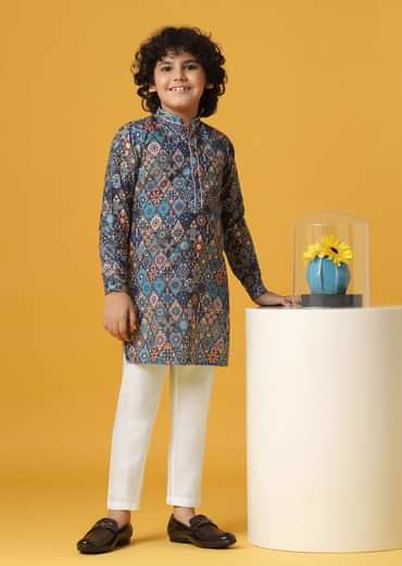 Stylish Blue Cotton Kurta Set For Boys