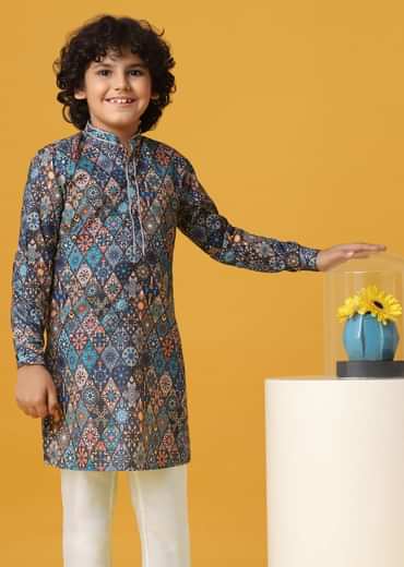 Stylish Blue Cotton Kurta Set For Boys