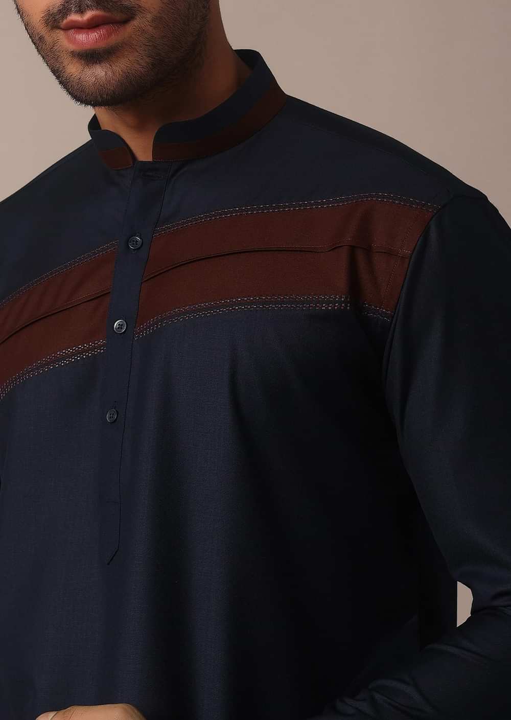 Stylish Blue Pathani Kurta Set With Pintuck Detailing