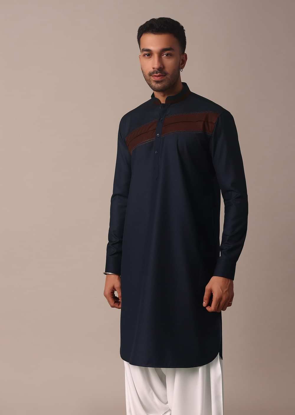 Stylish Blue Pathani Kurta Set With Pintuck Detailing