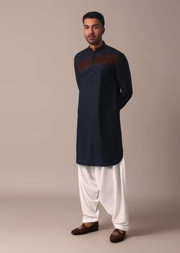 Stylish Blue Pathani Kurta Set With Pintuck Detailing