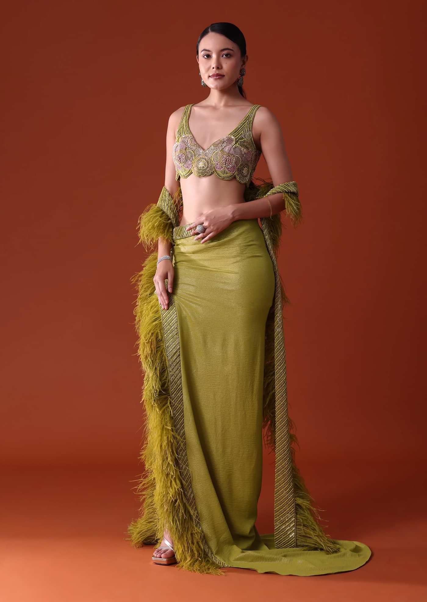 Citrus Green Feathered Dhoti Skirt And Blouse Set