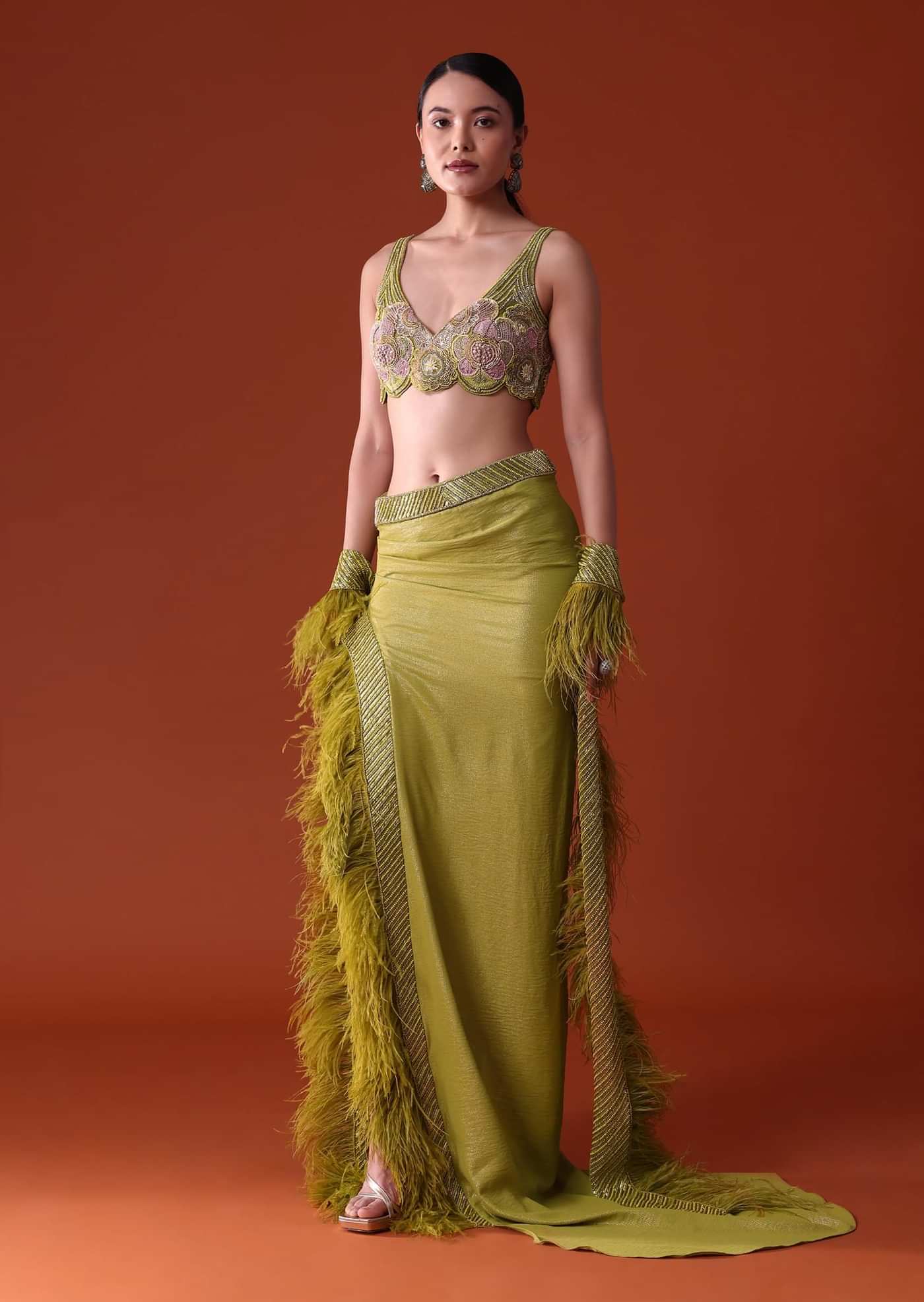 Citrus Green Feathered Dhoti Skirt And Blouse Set