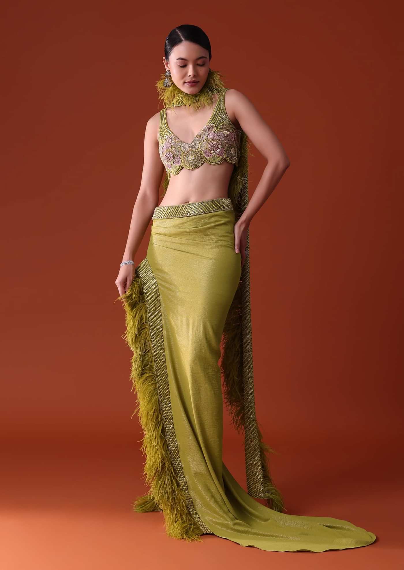 Citrus Green Feathered Dhoti Skirt And Blouse Set