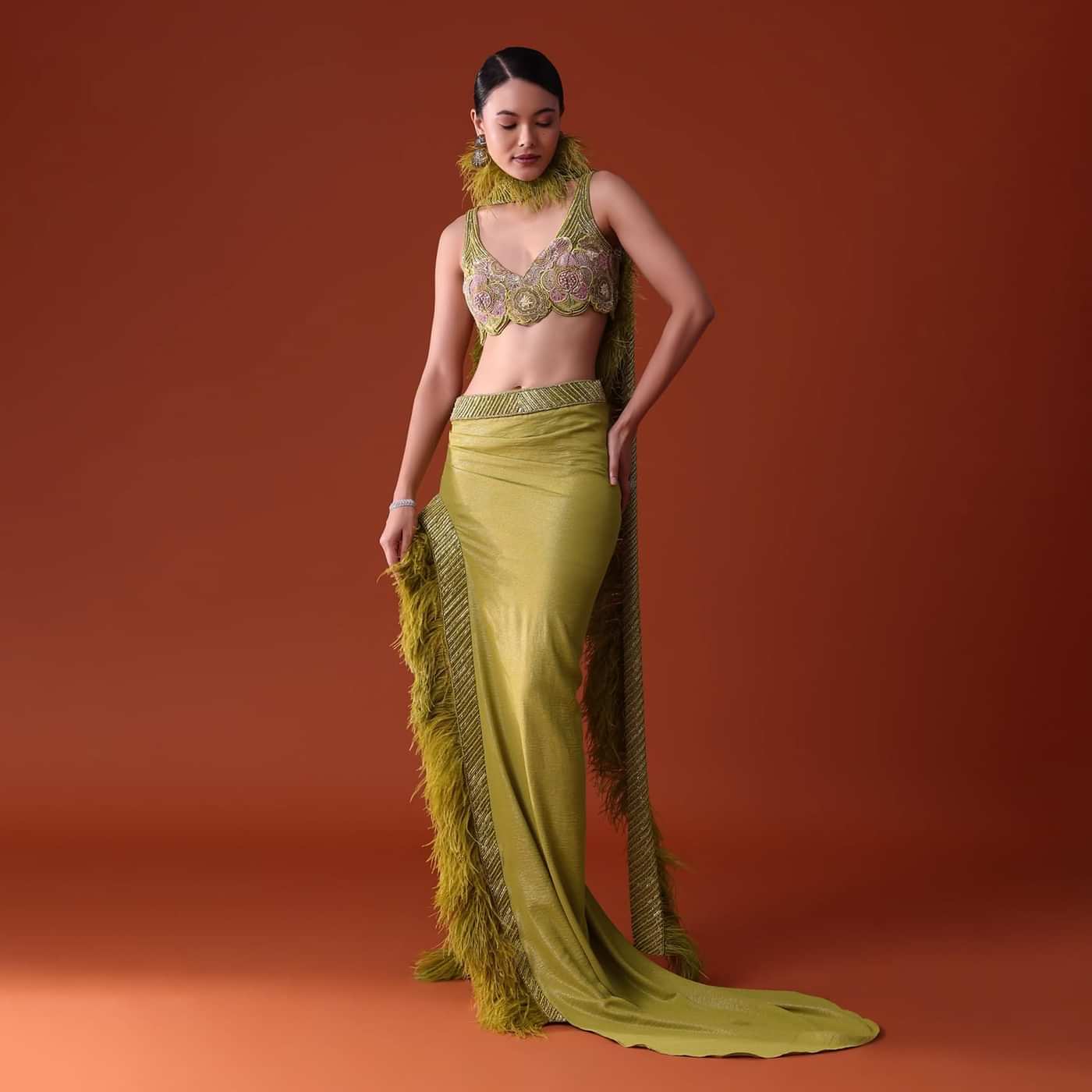 Citrus Green Feathered Dhoti Skirt And Blouse Set