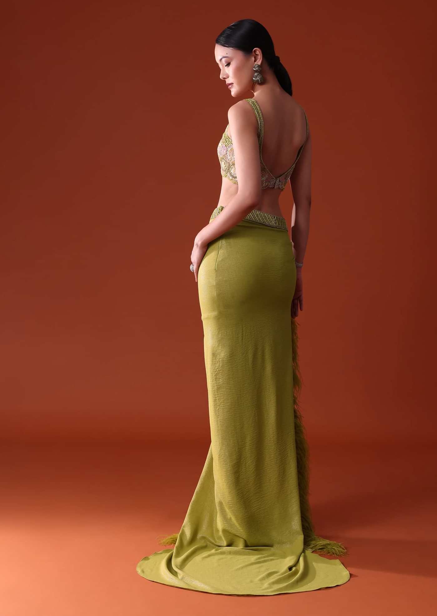 Citrus Green Feathered Dhoti Skirt And Blouse Set