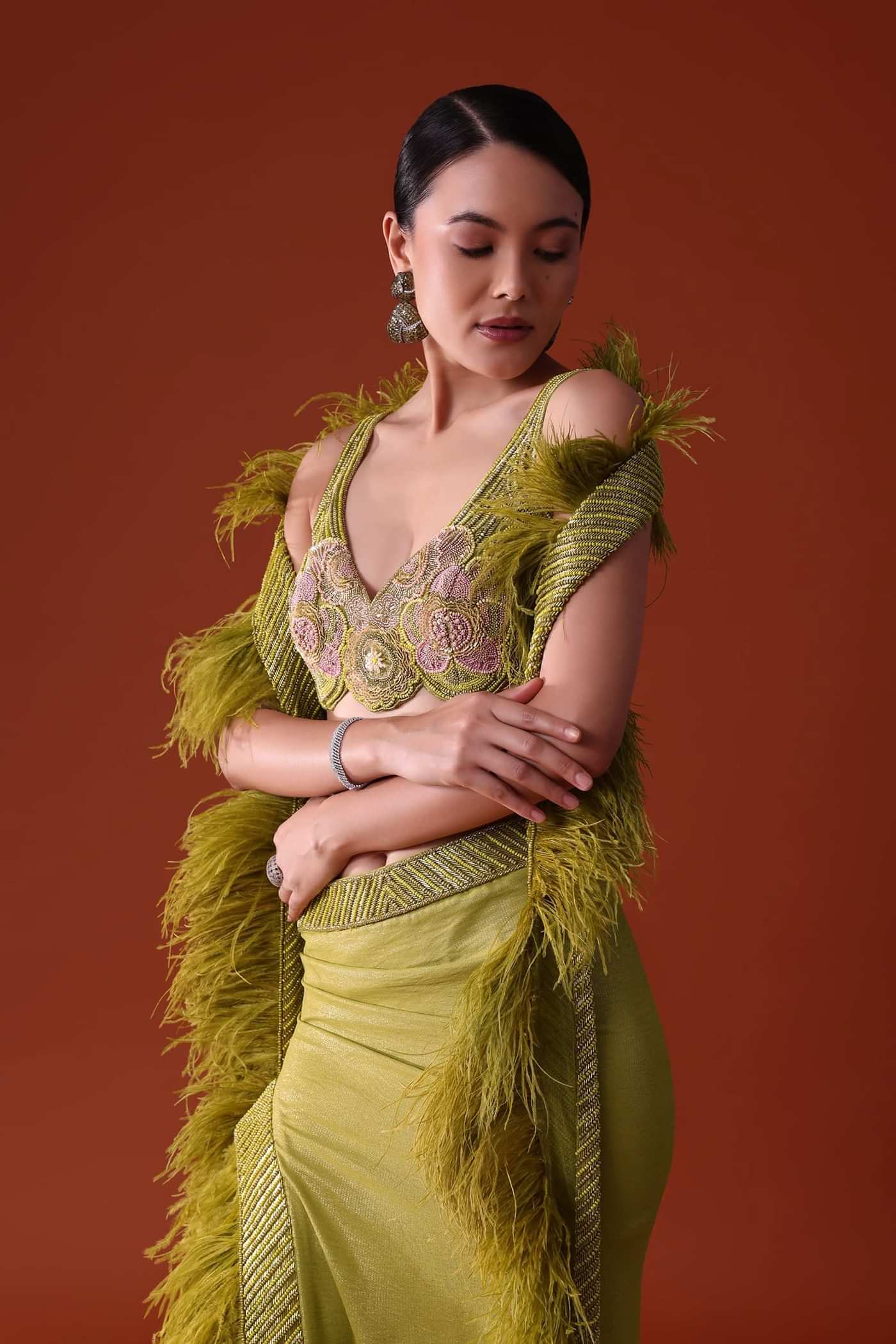 Citrus Green Feathered Dhoti Skirt And Blouse Set
