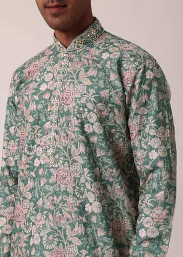Stylish Green Silk Kurta Set With All-Over Print