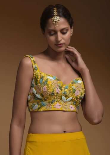 Sun Yellow Skirt, Crop Top And Jacket With 3D Flowers And Embossed Embroidery