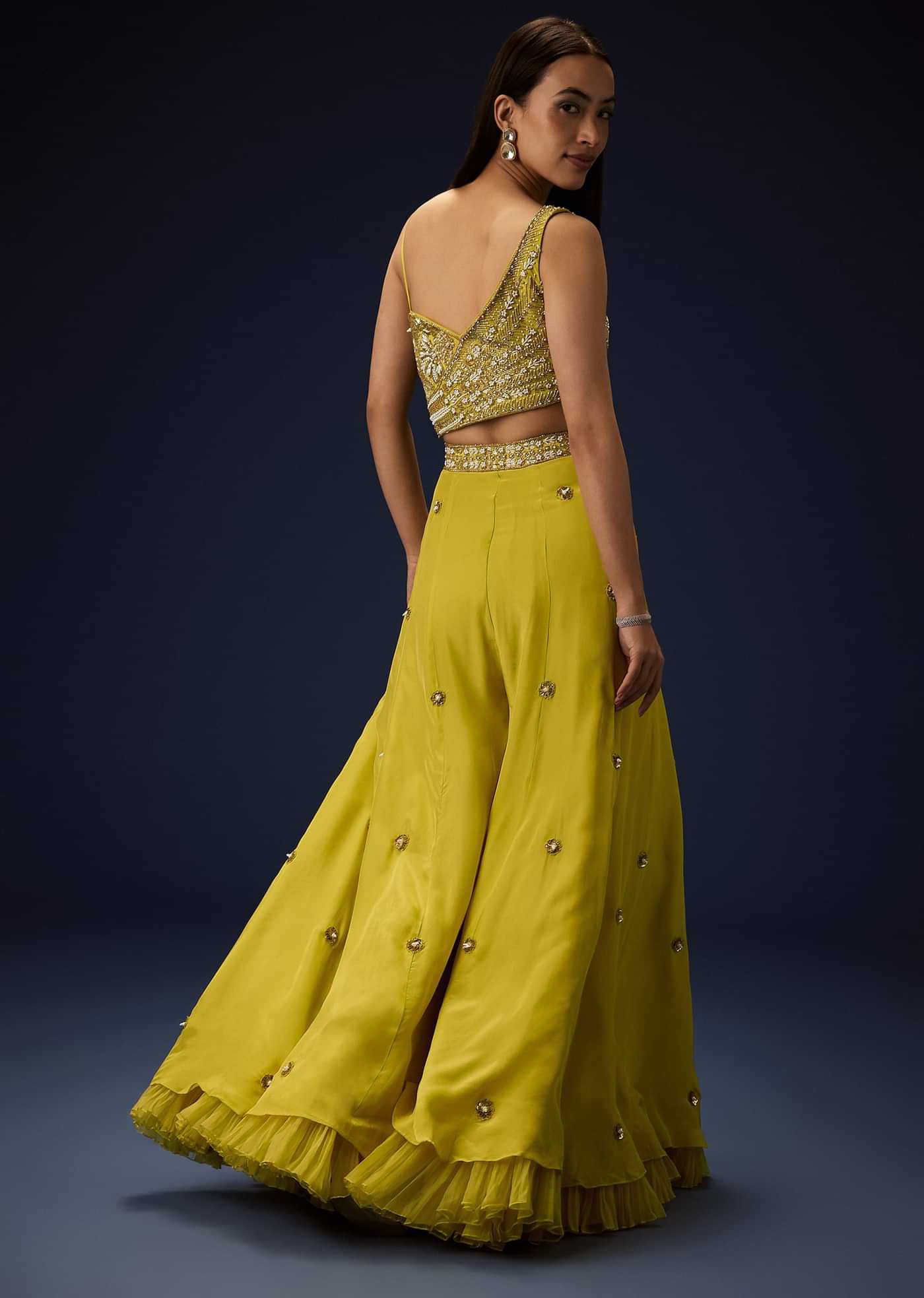 Sunglow Mustard Hand Embroidered Double Layer Frill Jumpsuit