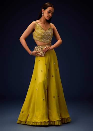 Sunglow Mustard Hand Embroidered Double Layer Frill Jumpsuit