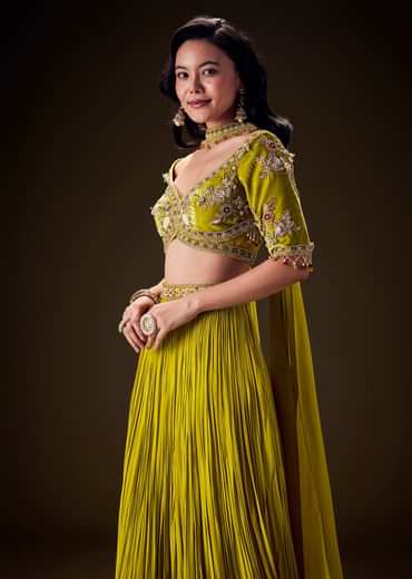 Sunshine Green Pleated Skirt With Hand Embroidered Belt And Choker Blouse