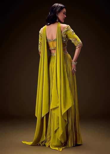 Sunshine Green Pleated Skirt With Hand Embroidered Belt And Choker Blouse