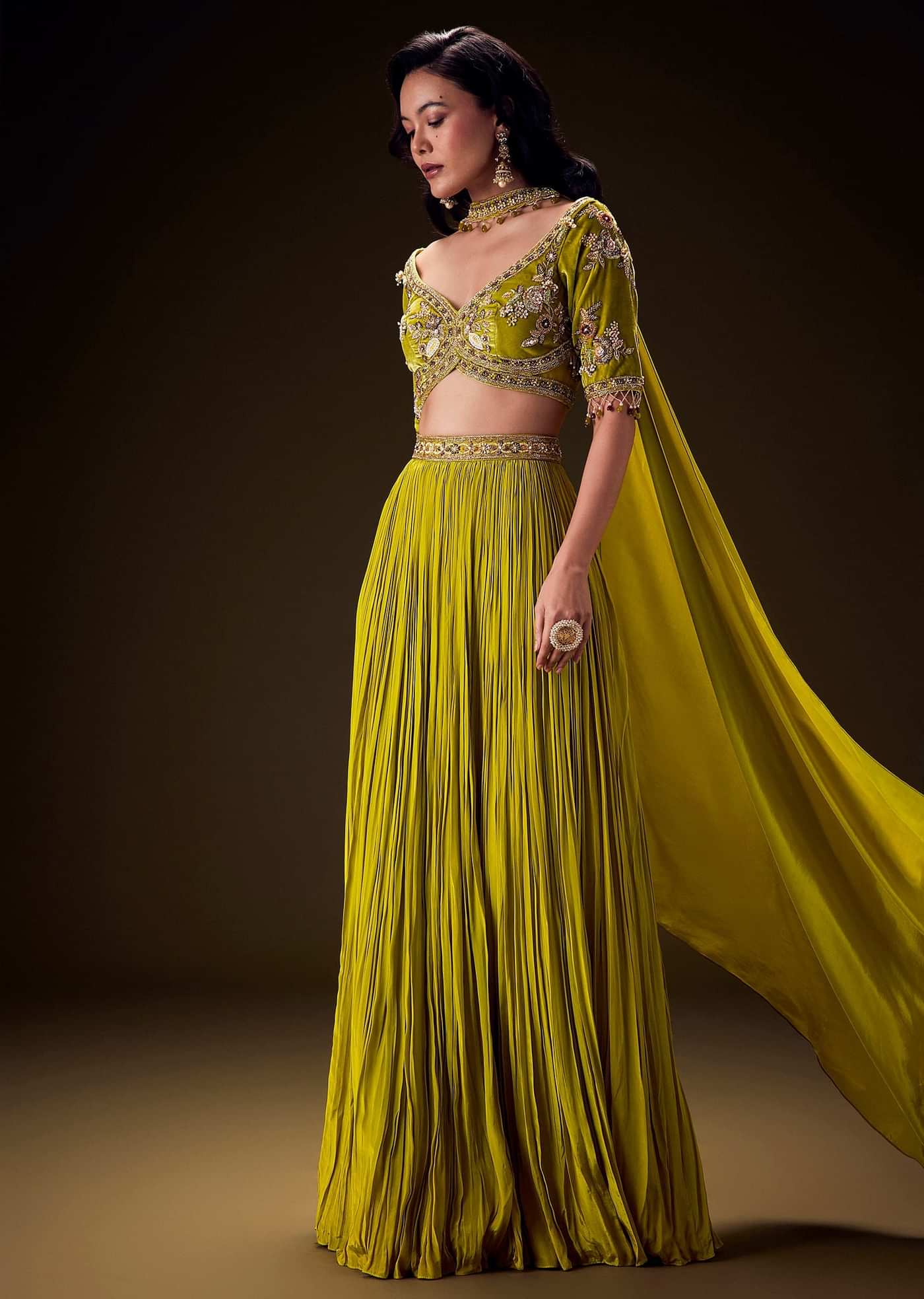 Sunshine Green Pleated Skirt With Hand Embroidered Belt And Choker Blouse