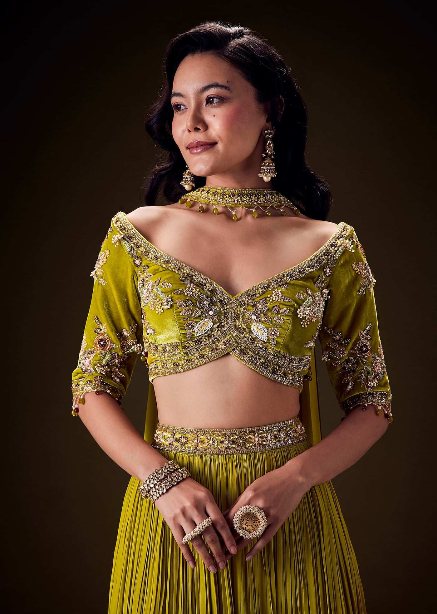 Sunshine Green Pleated Skirt With Hand Embroidered Belt And Choker Blouse