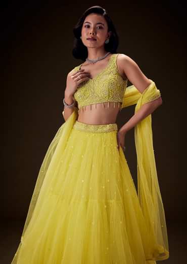Sunshine Yellow Net Hand Embroided Pearl Work Lehenga Set